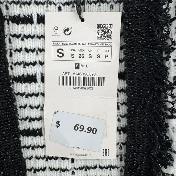 Zara Boucle Beaded Plaid Open Front Jacket Womens Small Black White Fringed NEW - Picture 9 of 11